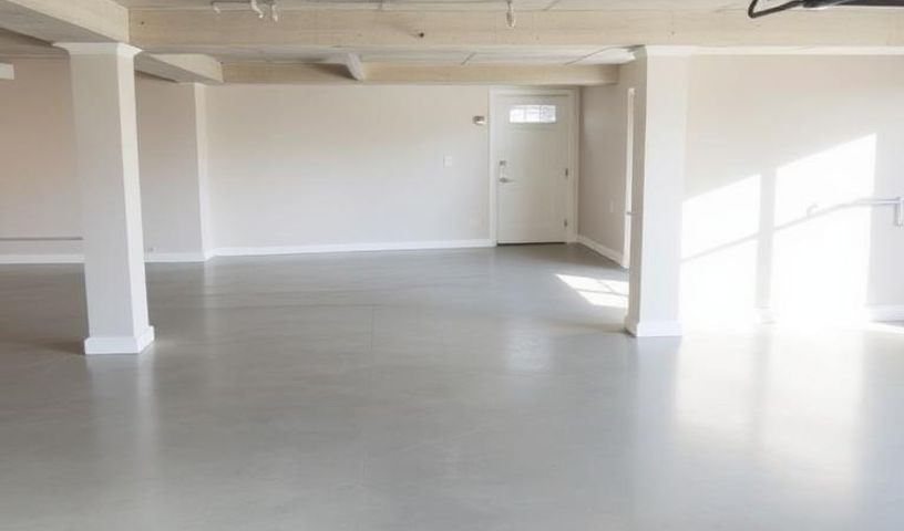 Painted light grey basement concrete floor