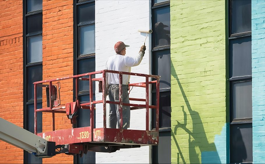 Worker on a lift, painting the outside of an commercial building
