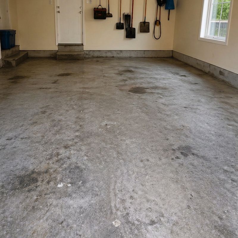 Before: worn, stained residential garage concrete floor needing surface preparation and coating