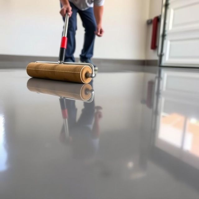 Professional applying glossy clear epoxy coating with a roller on a smooth concrete garage floor