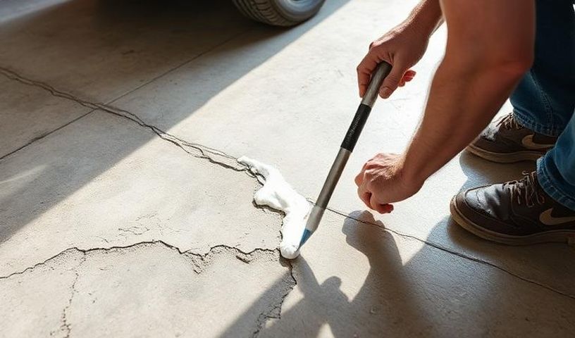 Professional applying concrete crack filler to a garage floor