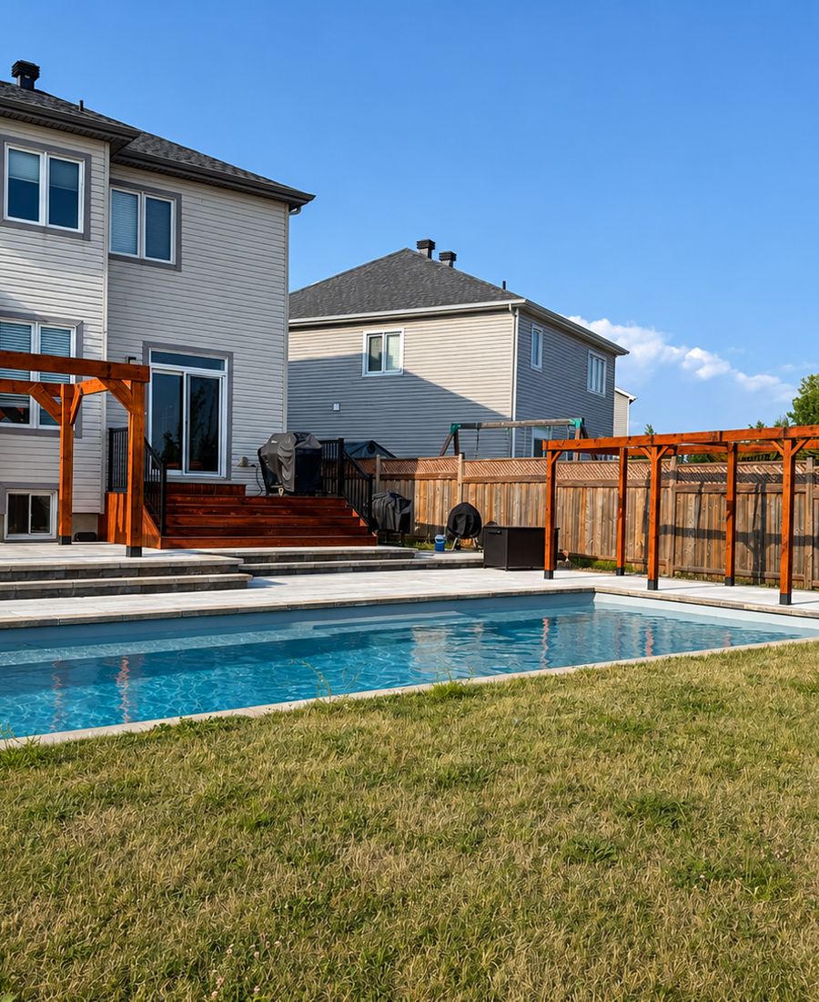 Backyard with freshly stained cedar deck, two large pergolas, in-ground pool, and interlock patio behind a two-story home in Kemptville