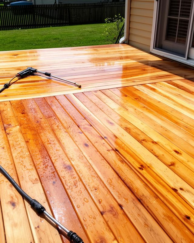 Power washing a wooden deck in preparation for staining