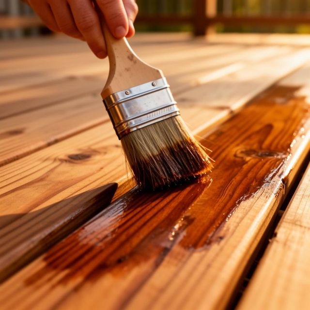 Wood stain being applied to a deck board