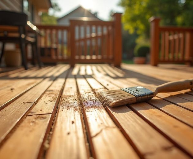 Wooden deck being stained in a Kanata backyard