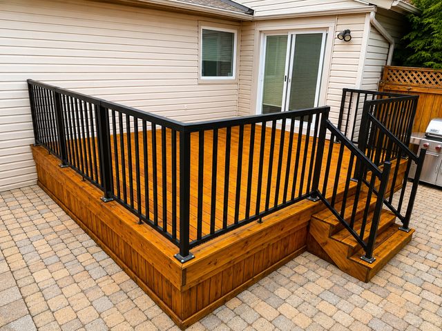 Freshly stained Ottawa deck with honey brown finish and black aluminum railings