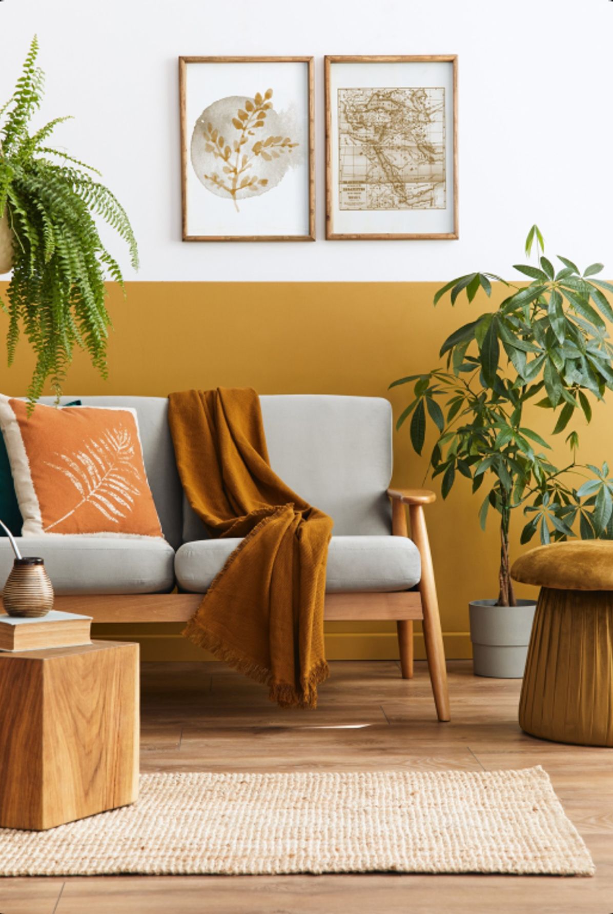 Living room with gold and white paint