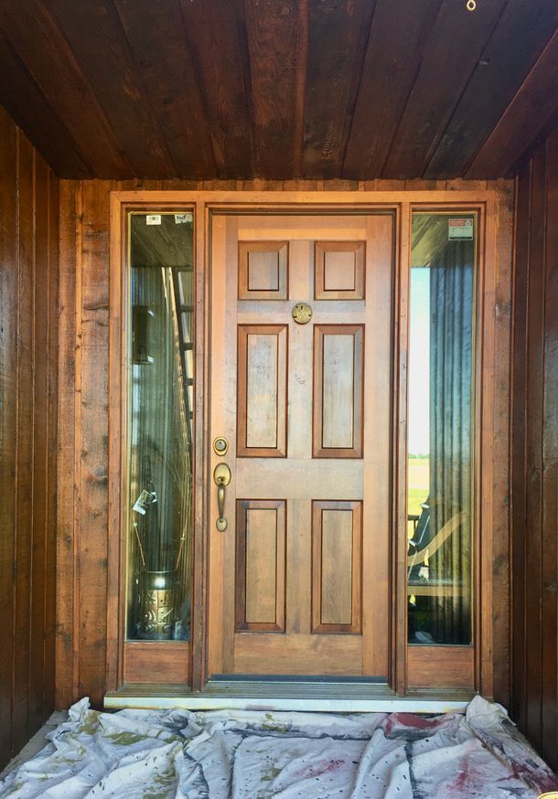 Freshly stained brown front door