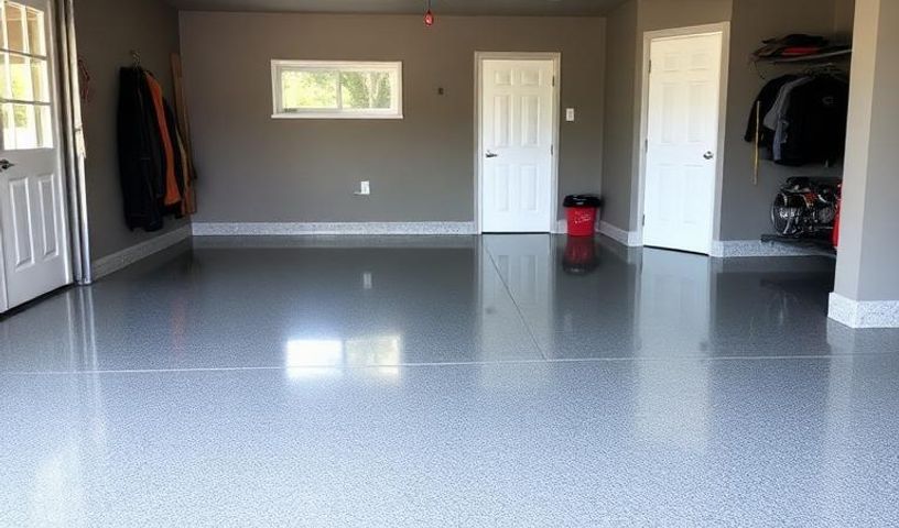 Glossy grey epoxy coating on a residential garage floor