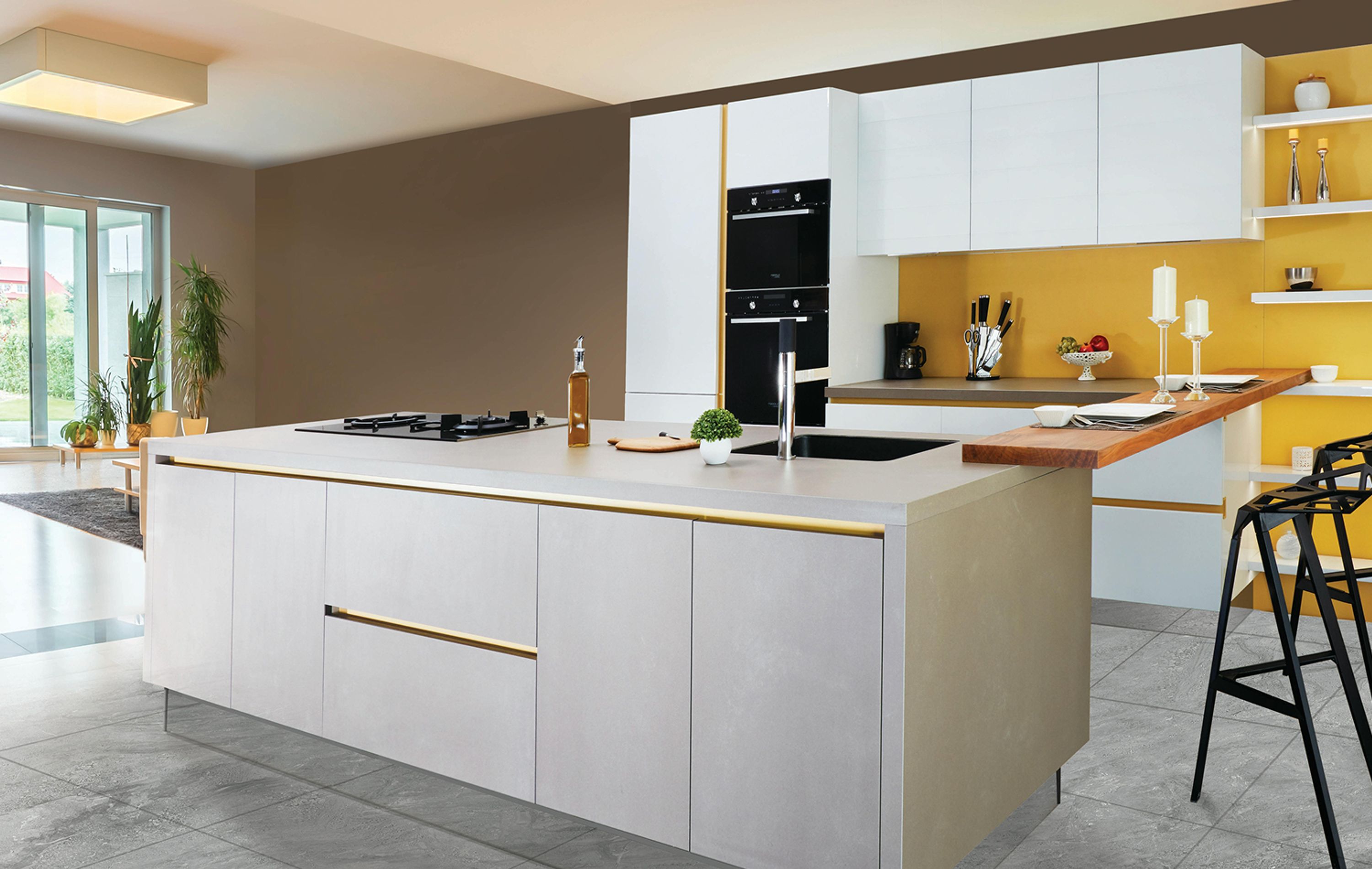 Beautiful kitchen with yellow and brown paint