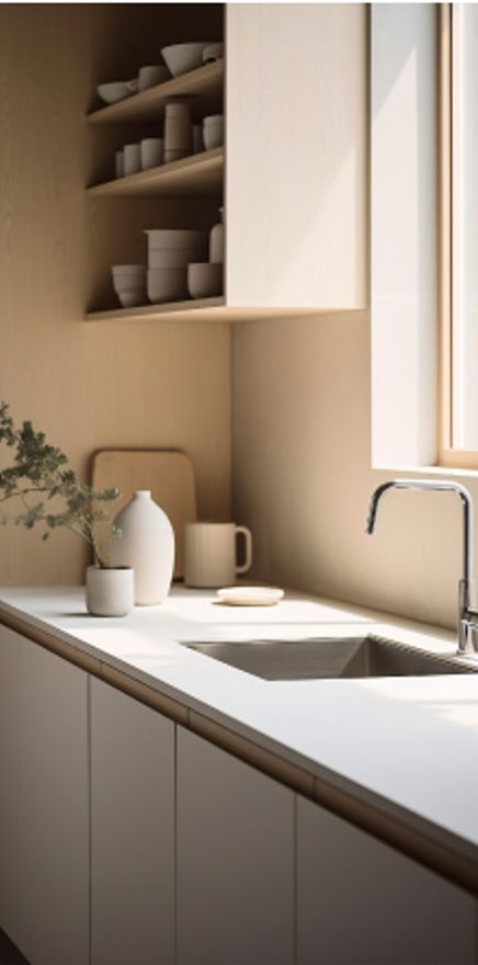 Kitchen cupboards, counter and sink