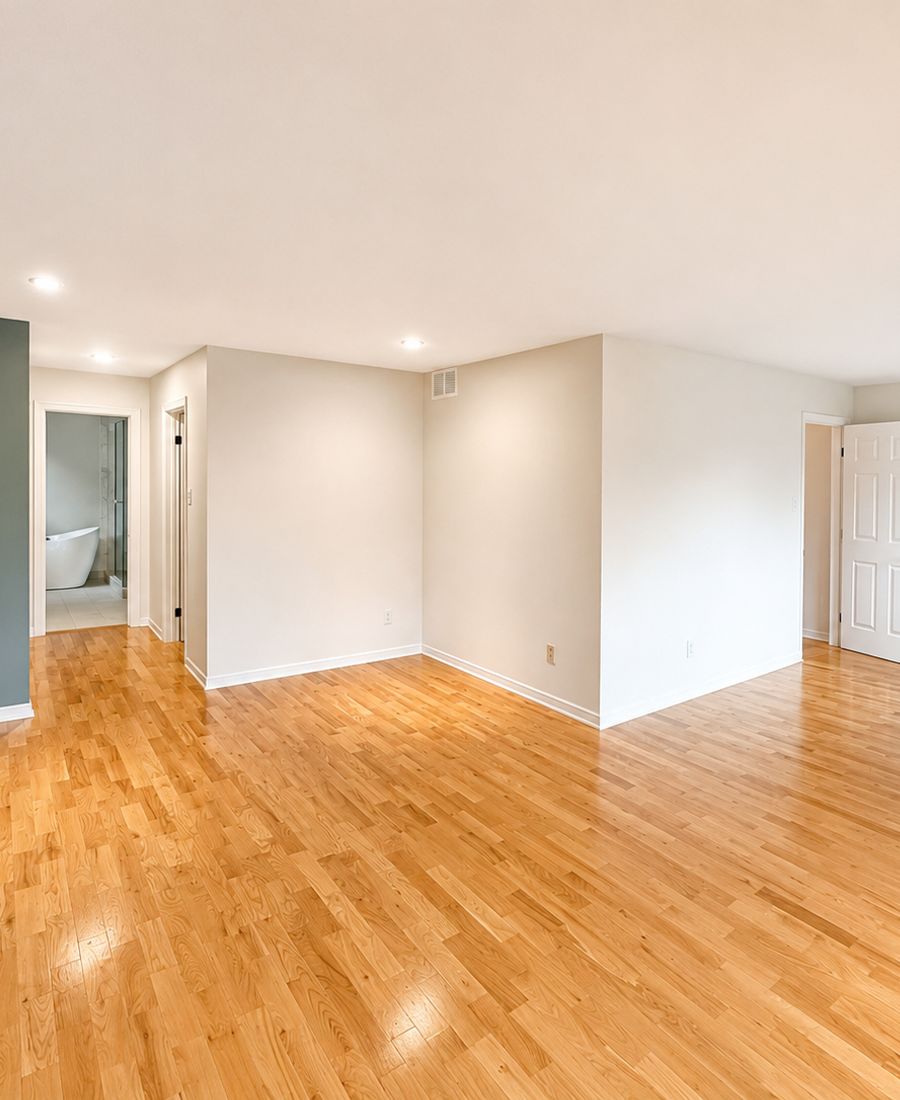 Bright, spacious living room with light hardwood floors, warm neutral walls, sage green accent wall, and white trim in Orléans