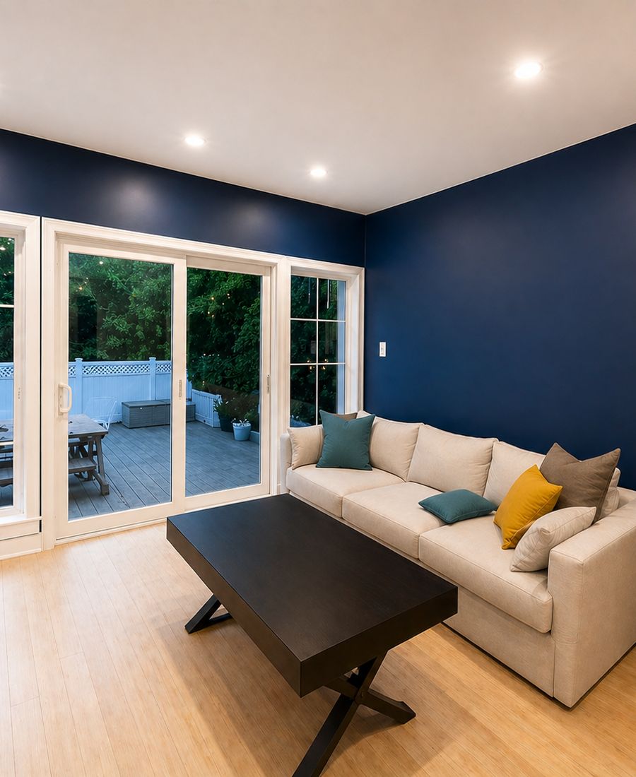 Family room with navy accent walls, white trim, and warm neutral tones repainted in Ottawa