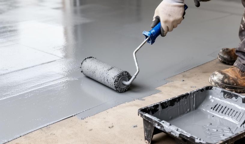 Professional applying protective coating with a roller on a prepped concrete surface
