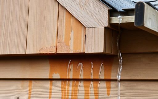 Water staining and moisture damage on exterior wood siding